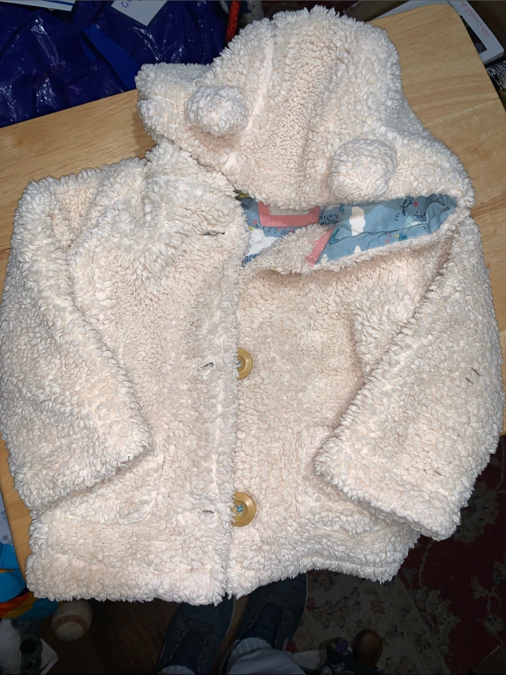 Baby Boden Cream Sherpa Hooded Puffer with Bear-Ear Hood